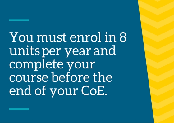 You must enrol in 8 units and complete your course before the end of your CoE. 